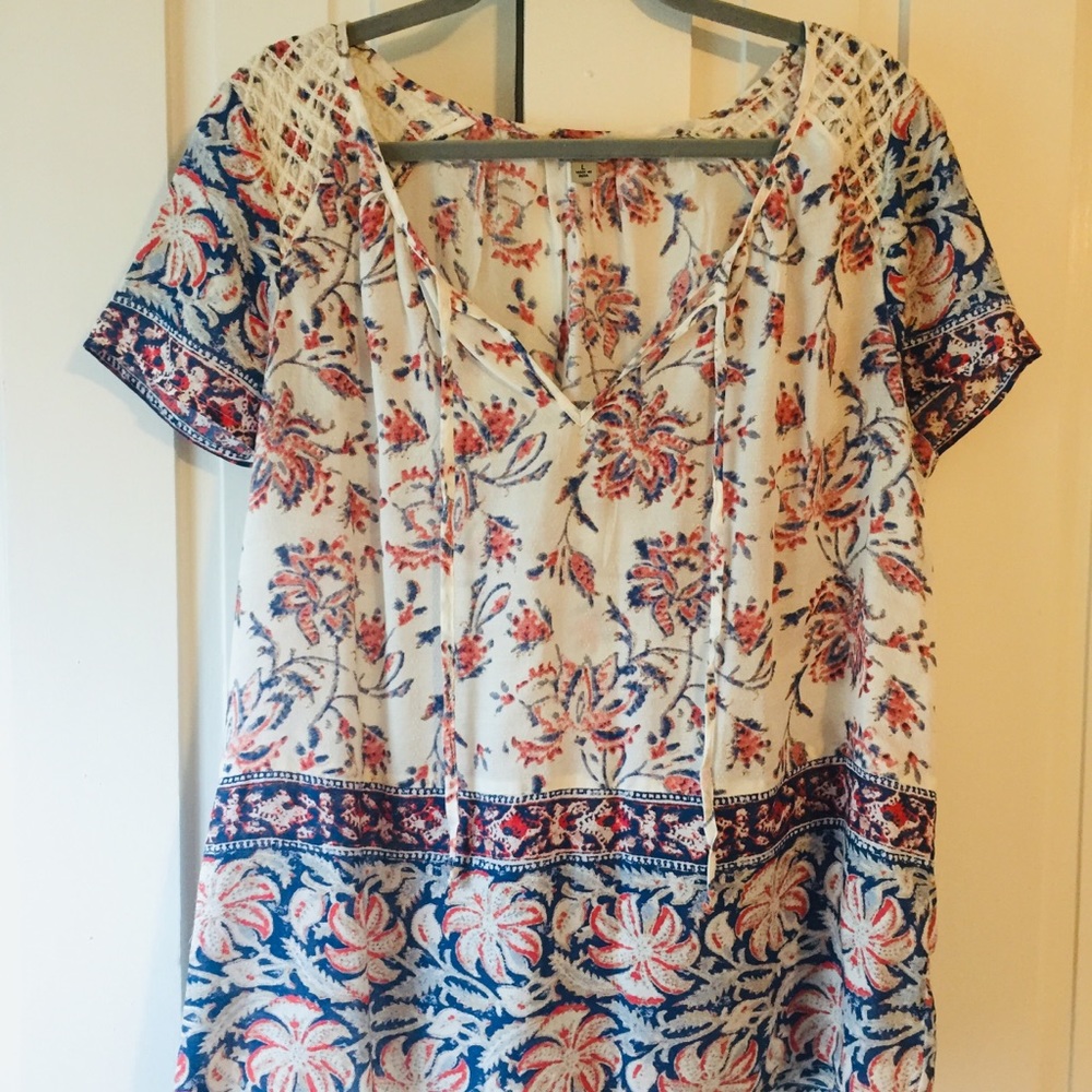 Lucky Brand Boho Floral Tie-Neck Crochet Shoulder Peasant Blouse - Large